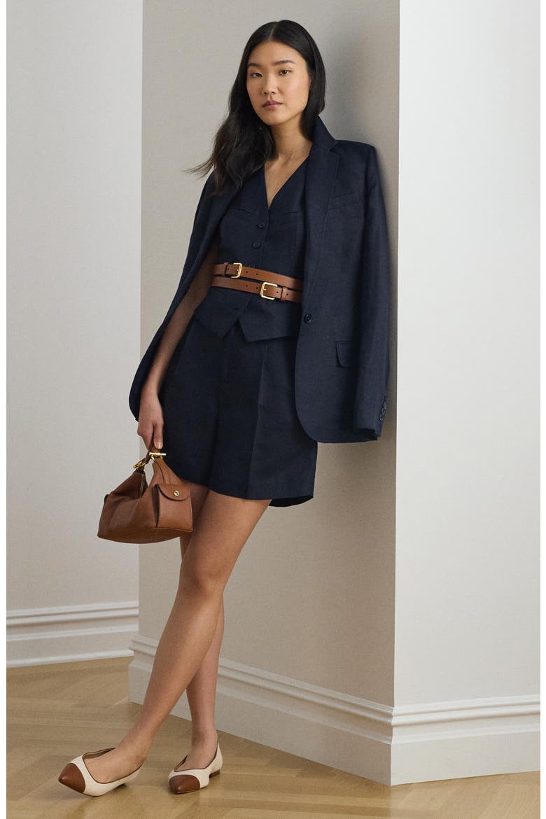 Pleated Linen Blend Twill Shorts, Alternate, color, LAUREN NAVY BLUE