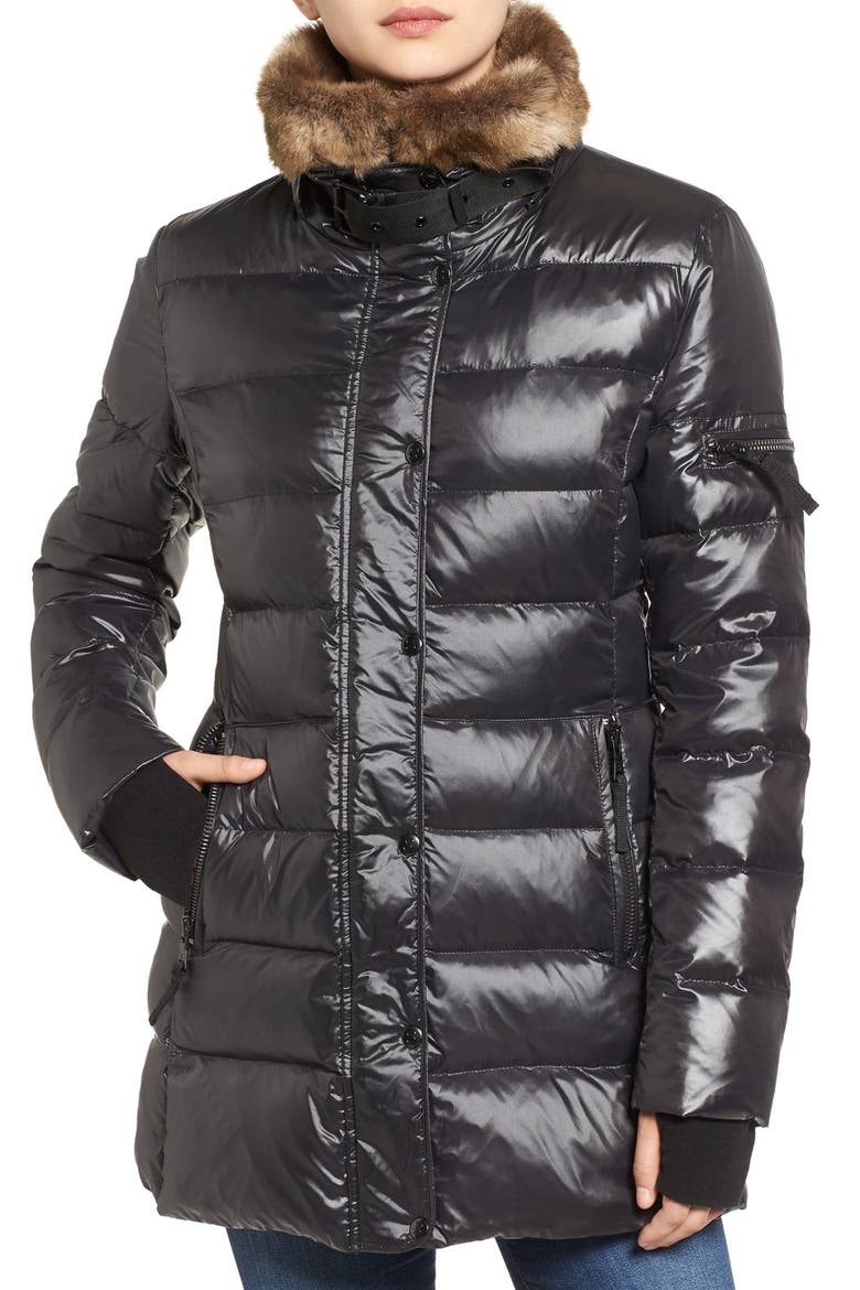 'Chelsea' Gloss Down Jacket with Removable Hood and Faux Fur Trim, Alternate, color, JET