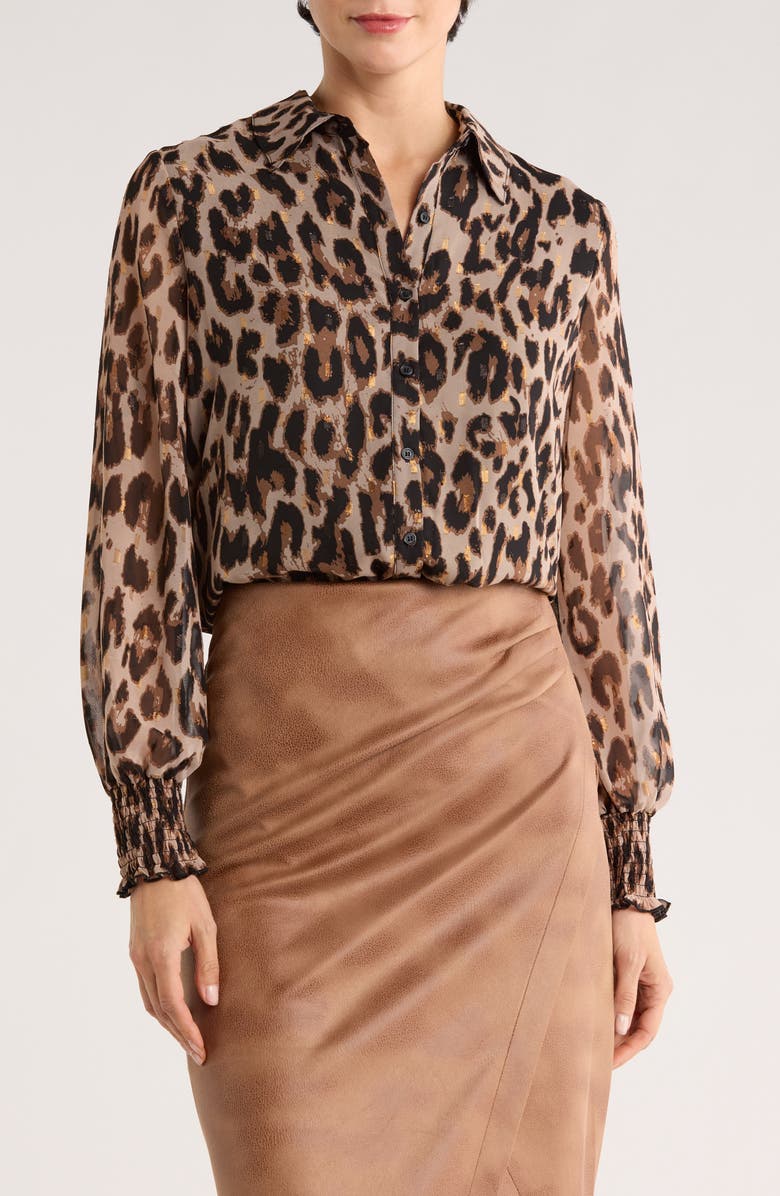 T Tahari Long Sleeve Button Down Blouse, Main, color, Leopard Print Brown/ Clip Dot