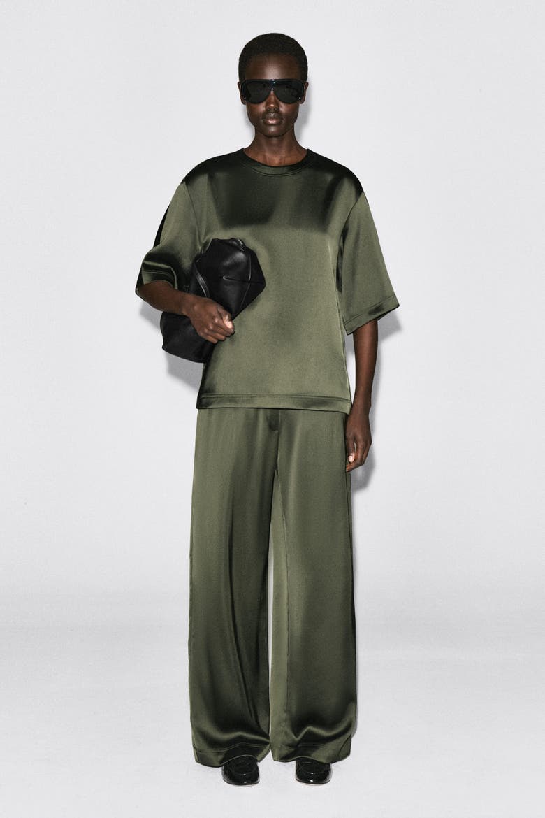 Pleated Satin Drawstring Pants, Alternate, color, KHAKI