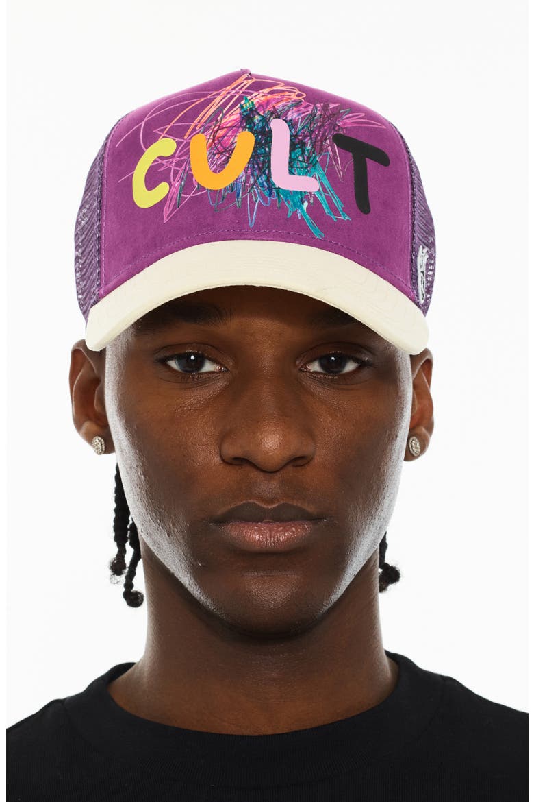 Logo Mesh Back Suede Trucker Hat, Main, color, HYACINTH VIOLET