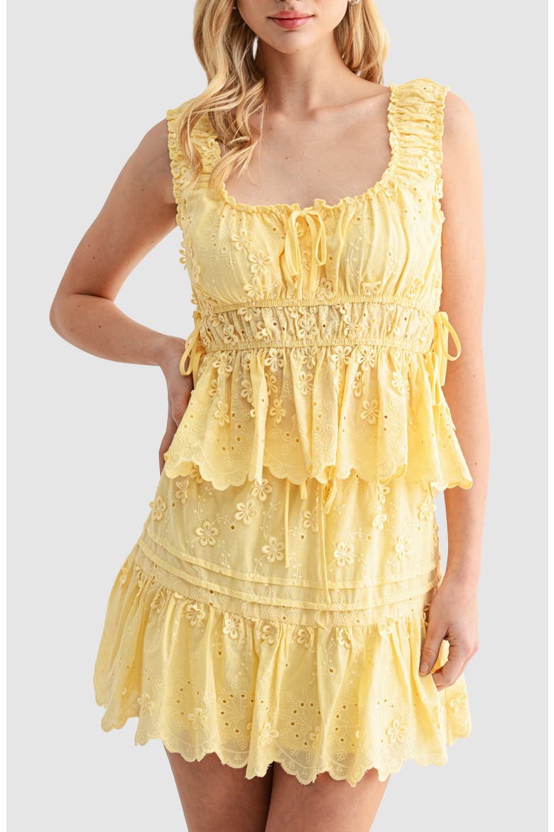Tiered Embroidered Cotton Eyelet Miniskirt, Alternate, color, LEMON