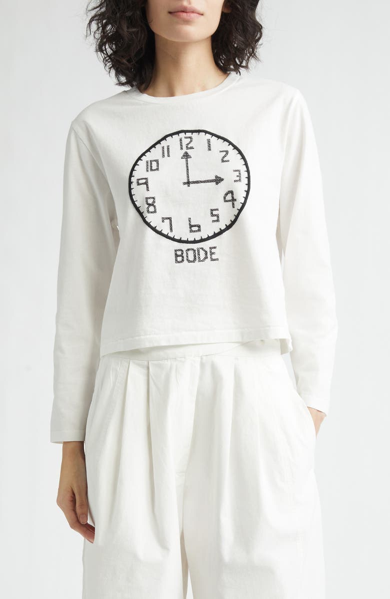 Bode Cross Stitch Clock Long Sleeve T-Shirt, Main, color, Cream