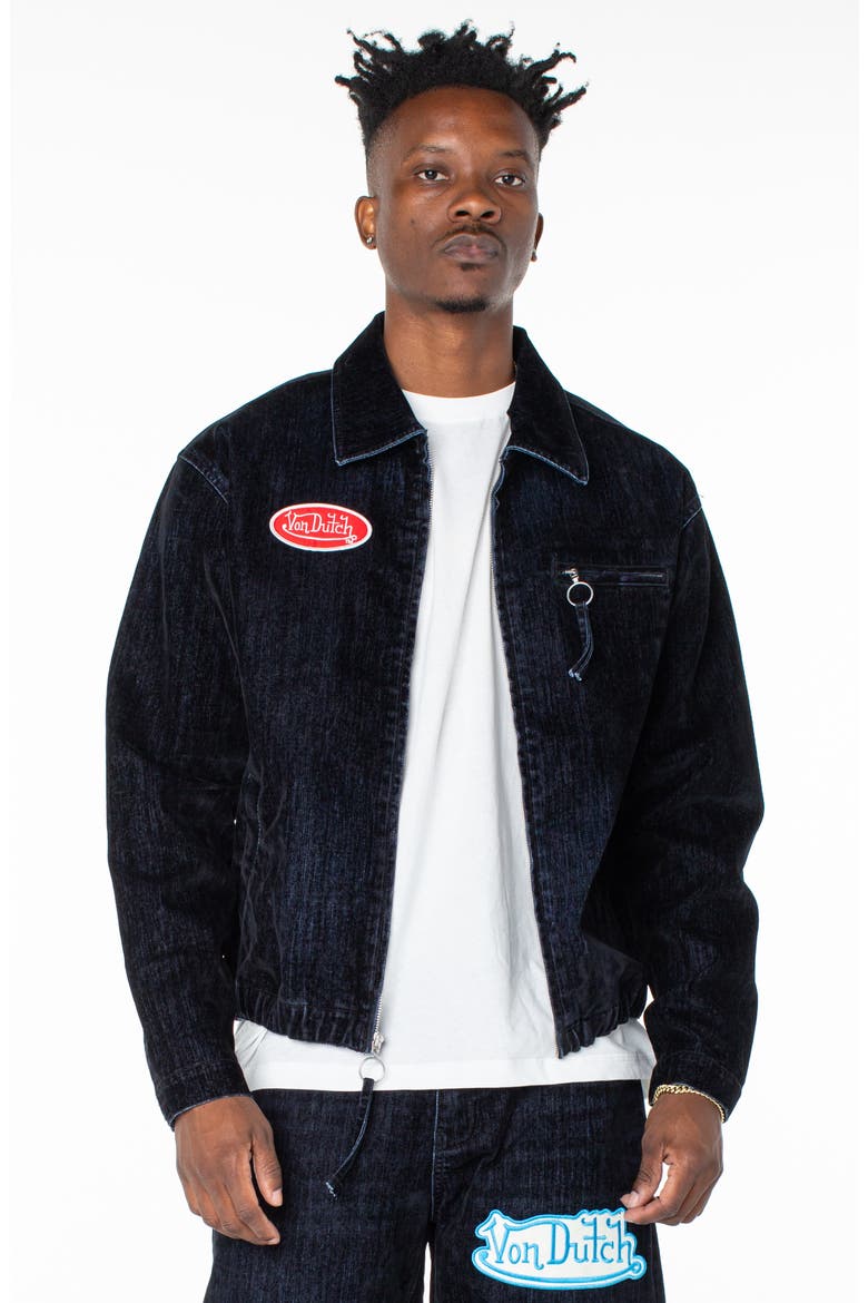 Pagans Flocked Bomber Denim Jacket, Main, color, STORM SURGE