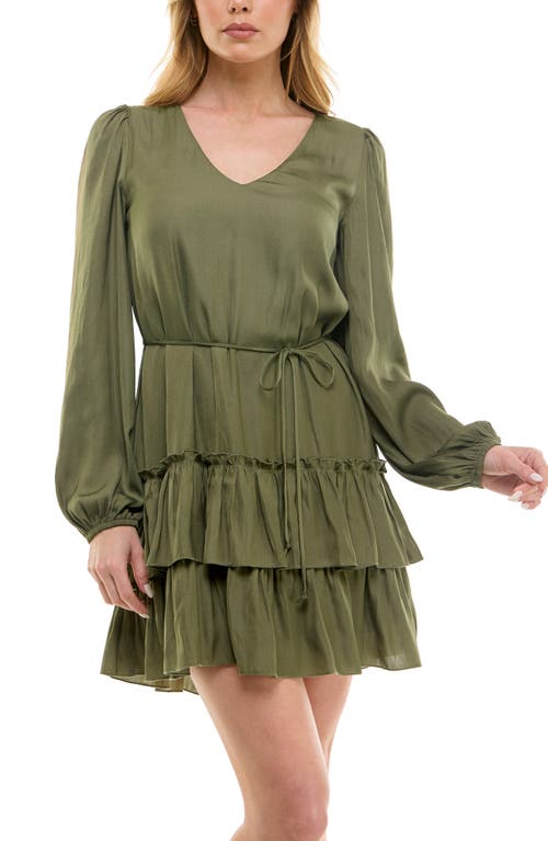 Socialite Tiered Long Sleeve Satin Dress In Dusty Olive