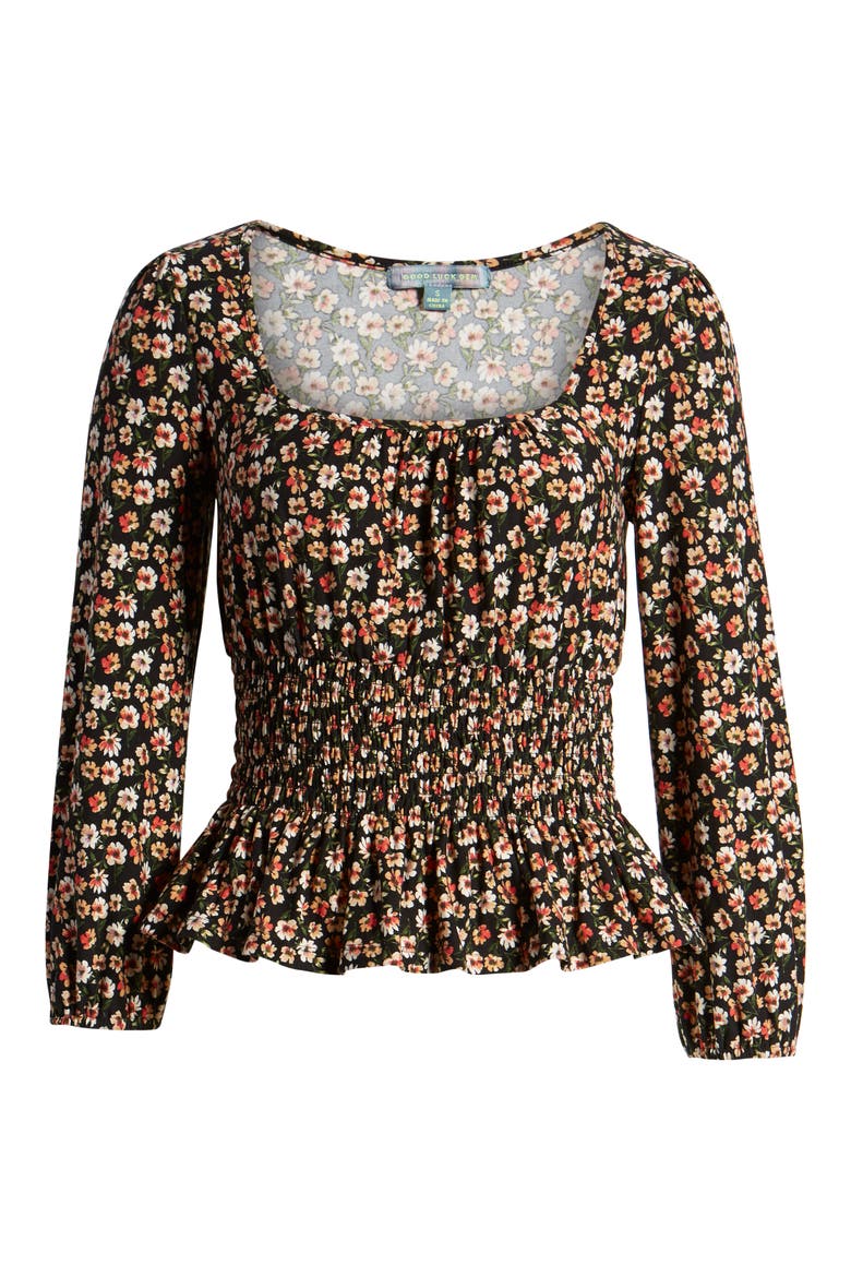 Smocked Waist Floral Top, Alternate, color, BLACK FLORAL