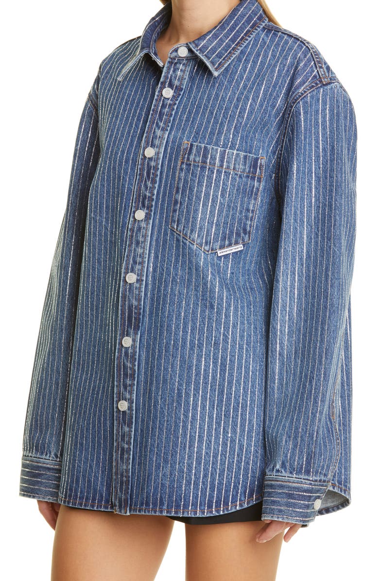 Alexander Wang Oversize Crystal Stripe Denim Shirt, Alternate, color, 