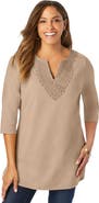 Jessica London Stretch Cotton Crochet Notch Neck Tunic