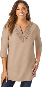 Jessica London Stretch Cotton Crochet Notch Neck Tunic