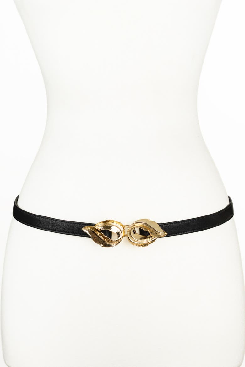 Lauren Leaf Buckle Leather Belt, Main, color, Black