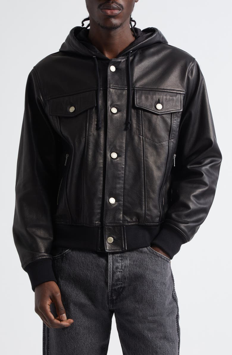 Undercover Hooded Leather Blouson Jacket, Main, color, Black