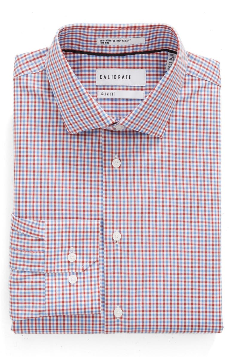 Calibrate Trim Fit Non-Iron Check Dress Shirt, Main, color, Red Ribbon
