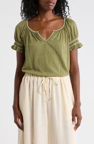 MAX STUDIO Topstitched Puff Sleeve Crepe Top