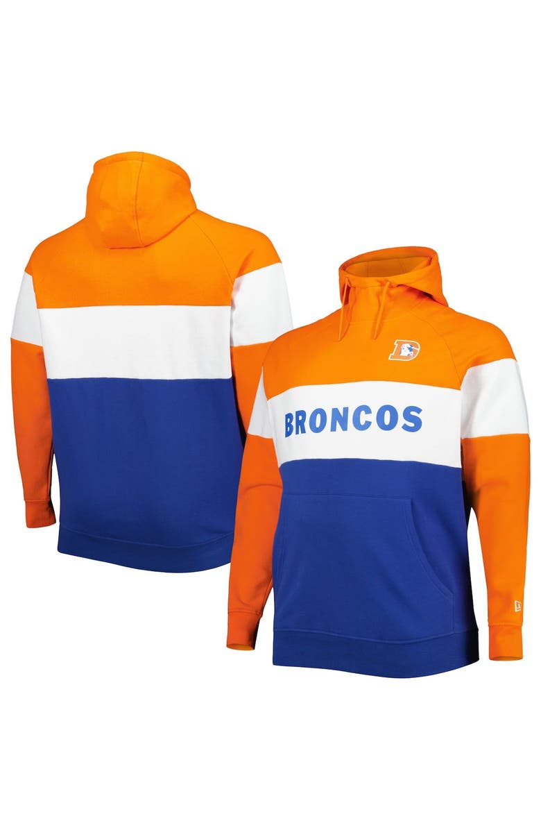 New Era Men's New Era Orange/Royal Denver Broncos Big & Tall Throwback Colorblock Fleece Raglan Pullover Hoodie, Main, color, Orange