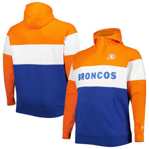 Men's New Era Orange/Royal Denver Broncos Big & Tall Throwback Colorblock Fleece Raglan Pullover Hoodie