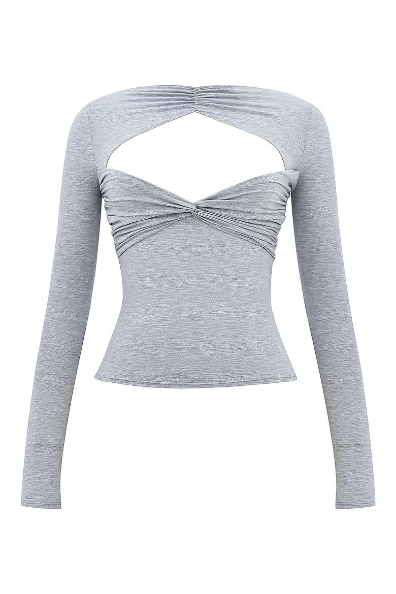 Twist Front Long Sleeve Cutout T-Shirt, Main, color, GREY MARL