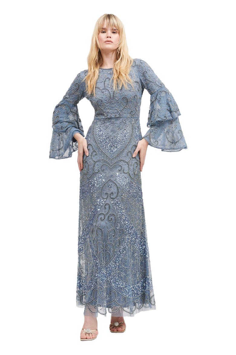 Occasion Modest Embellished Sequin Beaded Double Sleeves Evening Maxi Dress, Main, color, POWDER BLUE