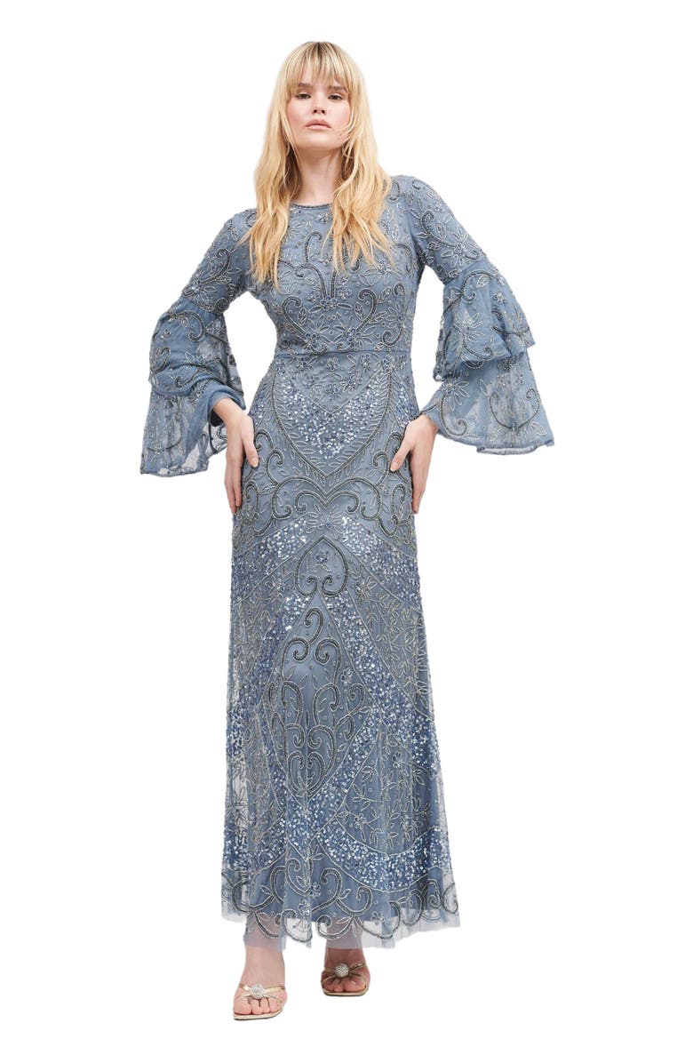 MARYISA Occasion Modest Embellished Sequin Beaded Double Sleeves Evening Maxi Dress, Main, color, Powder Blue