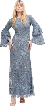 MARYISA Occasion Modest Embellished Sequin Beaded Double Sleeves Evening Maxi Dress