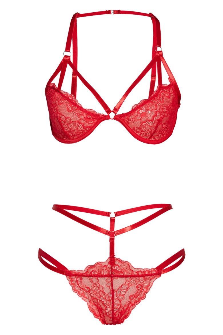 Strappy Lace Underwire Bra & Thong Set, Alternate, color, RED