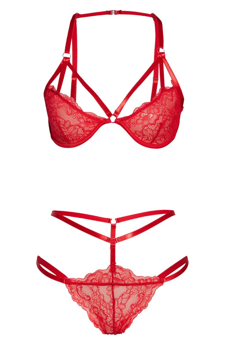 Oh La La Cheri Strappy Lace Underwire Bra & Thong Set, Alternate, color, Red