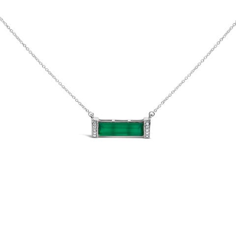 Sterling Silver Diamond Accent and Green Agate Bar Pendant Necklace