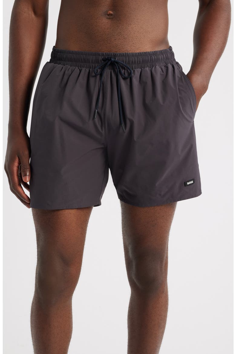 Solid Stretch Swim Trunks, Main, color, DARK GREY