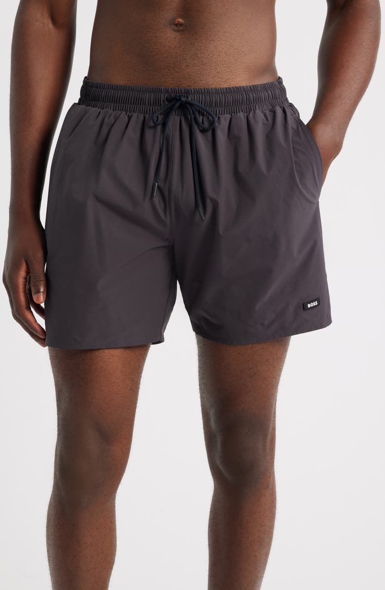 BOSS Solid Stretch Swim Trunks, Main, color, Dark Grey