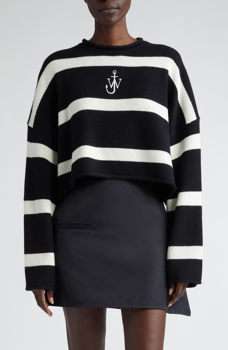 JW Anderson Anchor Logo Roll Neck Crop Cotton Sweater, Main, color,