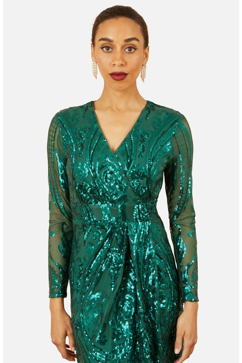 Sequin Midi Long Sleeve Wrap Dress, Alternate, color, Green