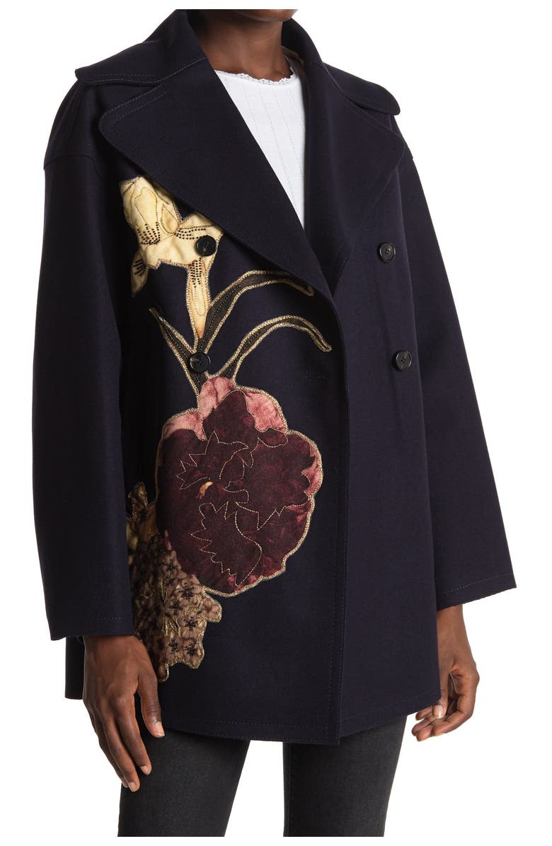 Valentino Caban Floral Embellished Double-Breasted Coat, Alternate, color, 