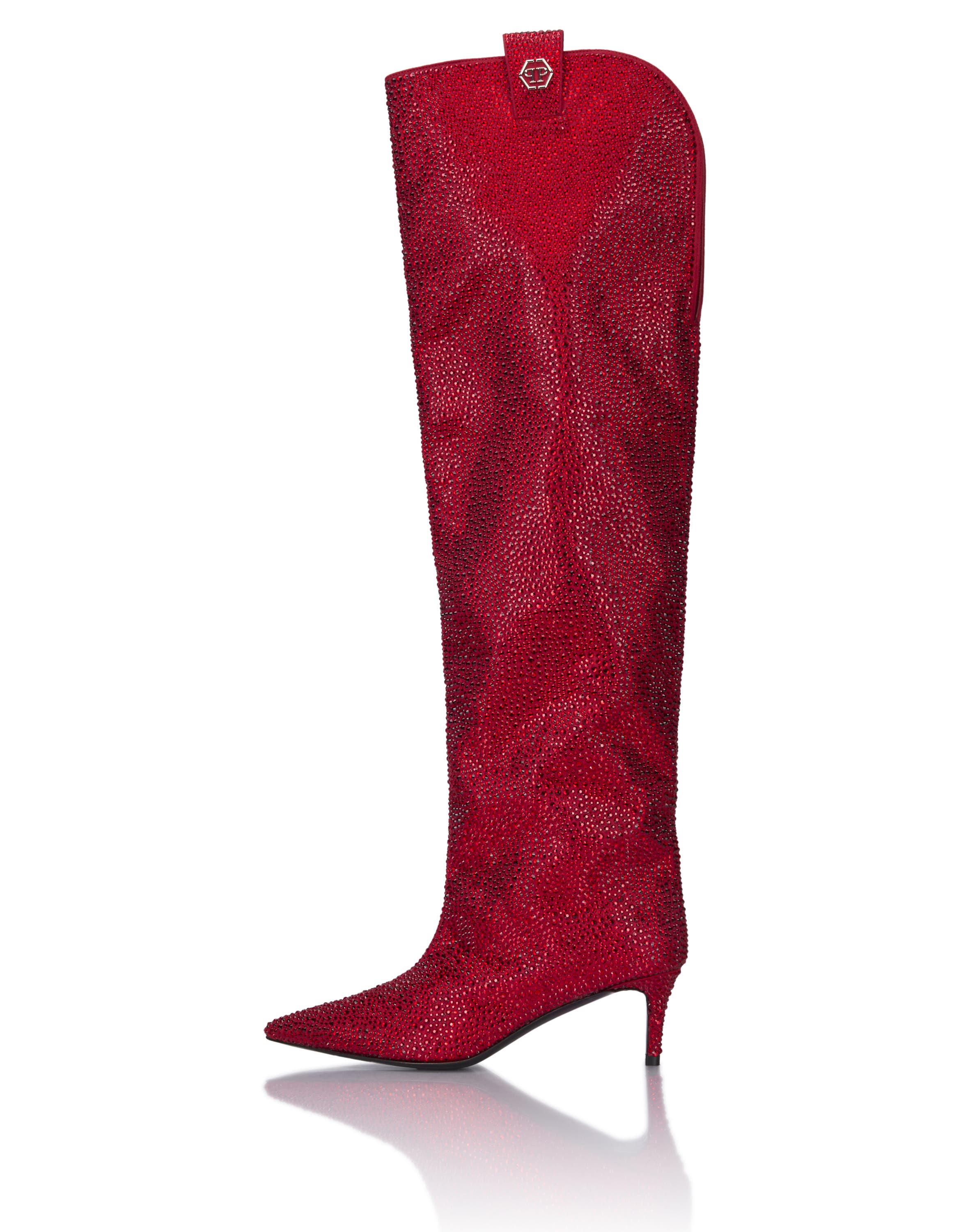 Low-Heel Overknee Boots Mixed Strass 6 Women, Alternate, color, red