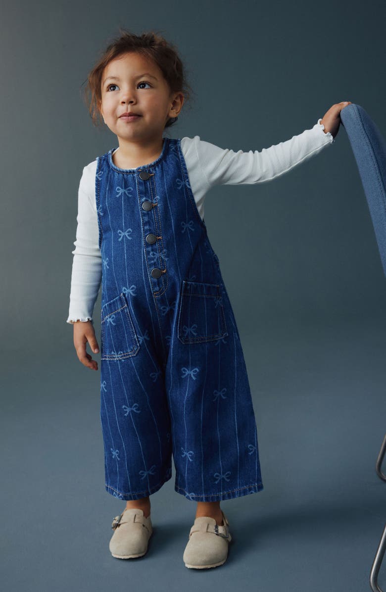 NEXT Kids' Bow Pattern Denim Overalls, Alternate, color, Blue