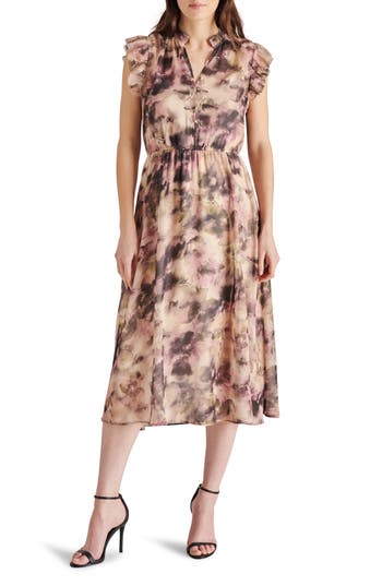 STEVE MADDEN STEVE MADDEN ALLEGRA ABSTRACT PRINT RUFFLE CHIFFON MIDI DRESS 