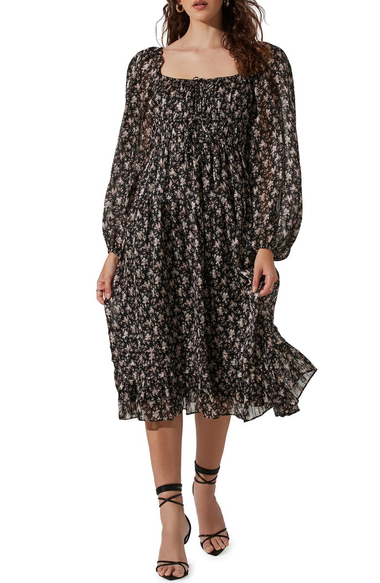 ASTR the Label Floral Long Sleeve Midi Dress, Main, color, Black Taup