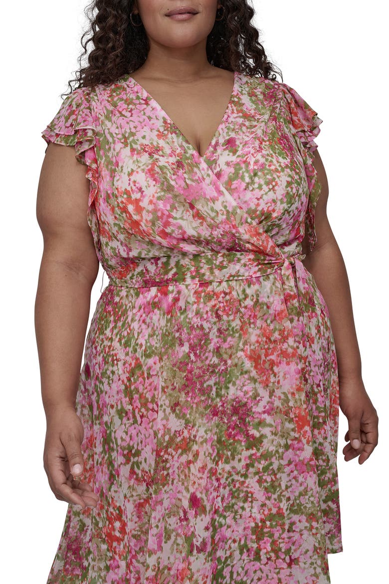 Double Flutter Sleeve Faux Wrap Dress, Alternate, color, IVORY/ AZALEA M