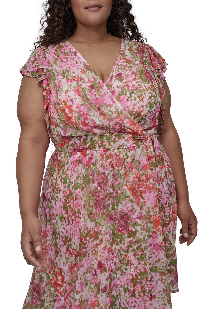 DKNY Double Flutter Sleeve Faux Wrap Dress, Alternate, color, Ivory/ Azalea M