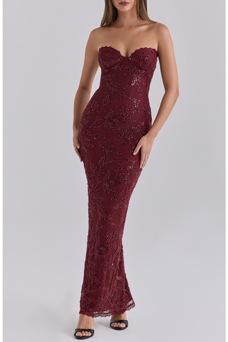 Lucelle Embellished Lace Maxi Dress with Removable Bolero, Alternate, color, CABERNET