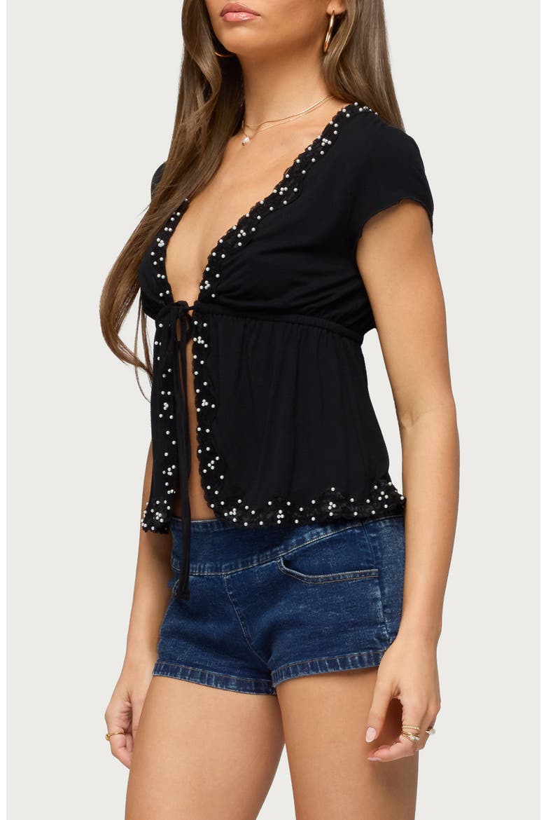 Sepede Lacey Faux Pearl Tie Front Top, Alternate, color, BLACK