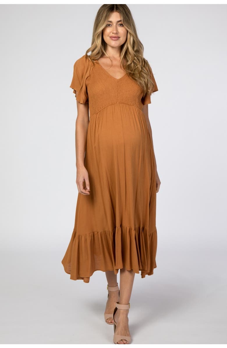 PinkBlush Smocked V-Neck Midi Dress, Main, color, Brown