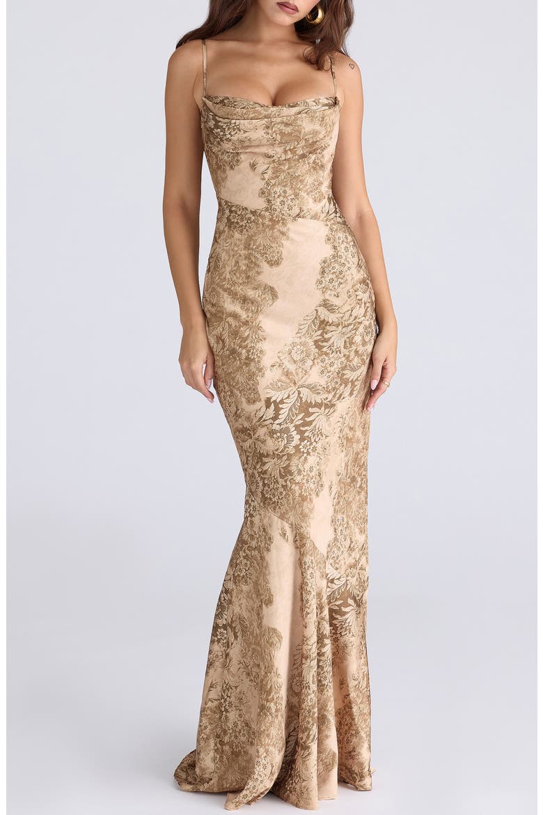 Nalani Floral Satin Burnout Gown, Main, color, GOLD