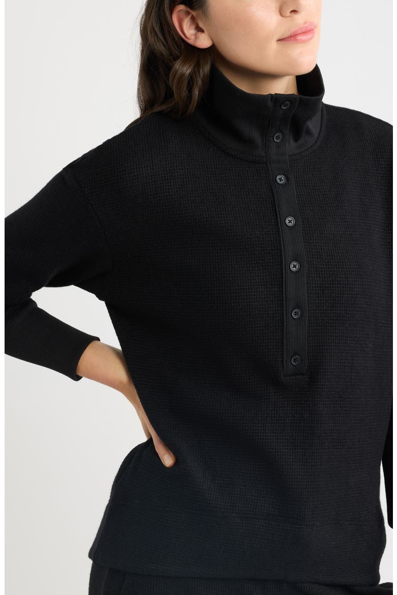 Waffle Button Front Sweatshirt, Alternate, color, BLACK