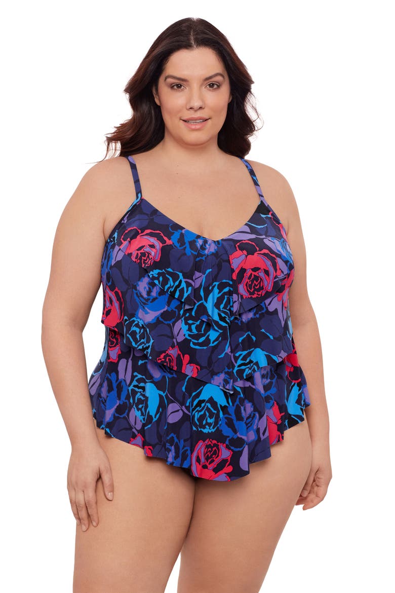Plus Size Triple Ruffle Tier Adjustable Tankini Swimsuit Top, Main, color, Rose Grows