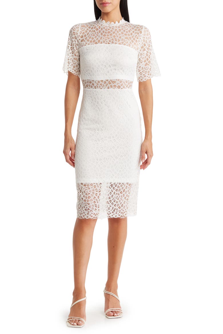 Lace Sheer Panel Knee Length Dress, Main, color, GARDENIA