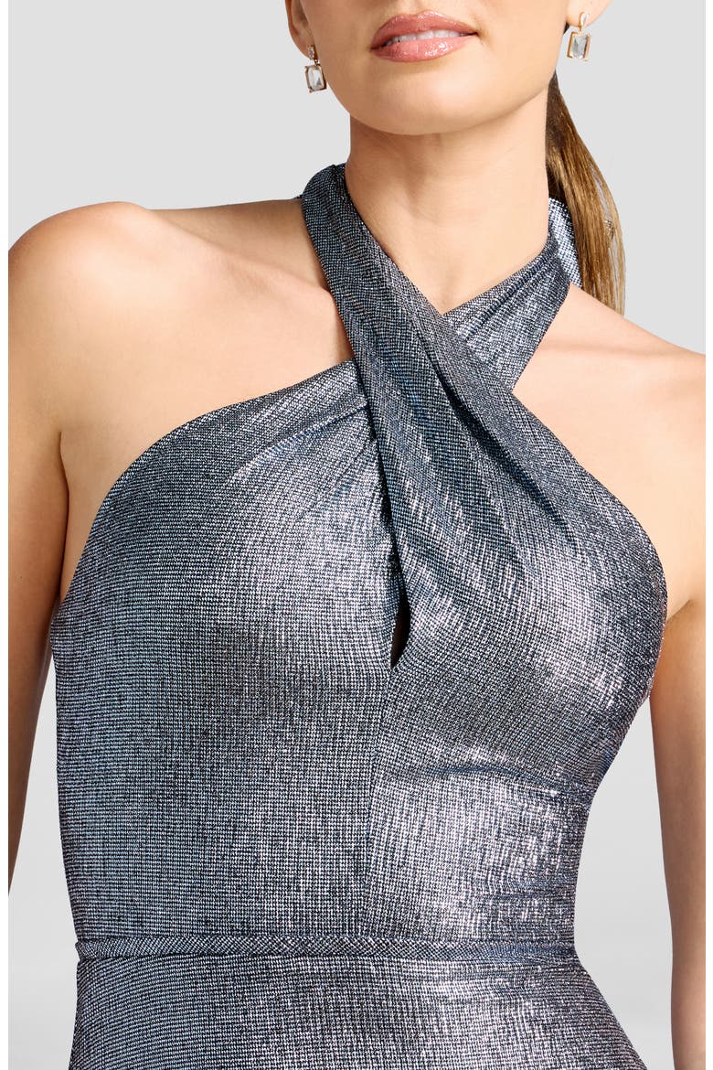 Brighton Metallic Halter Gown, Alternate, color, BLUE