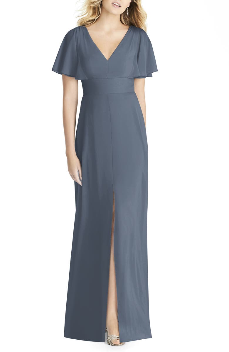 Social Bridesmaids Split Sleeve Chiffon A-Line Gown, Main, color, 