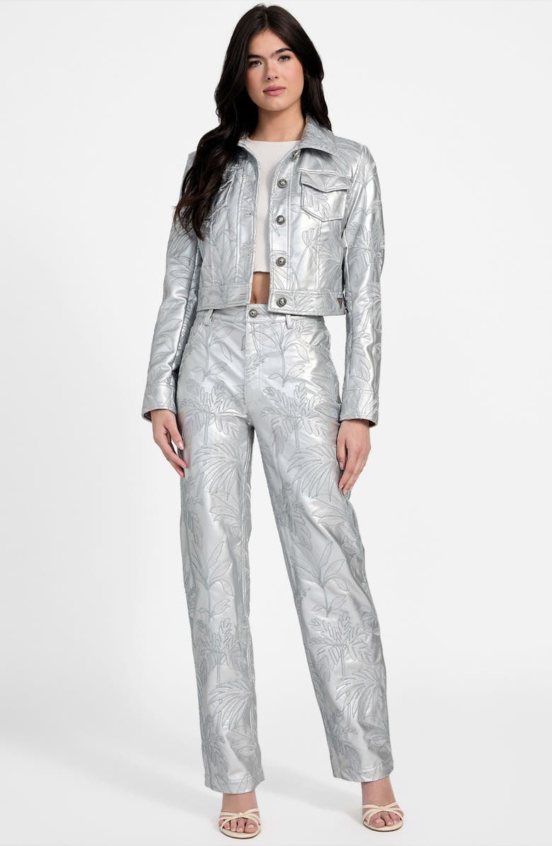 GUESS Clelia Embroidered Metallic Faux Leather Jacket, Alternate, color, Silver