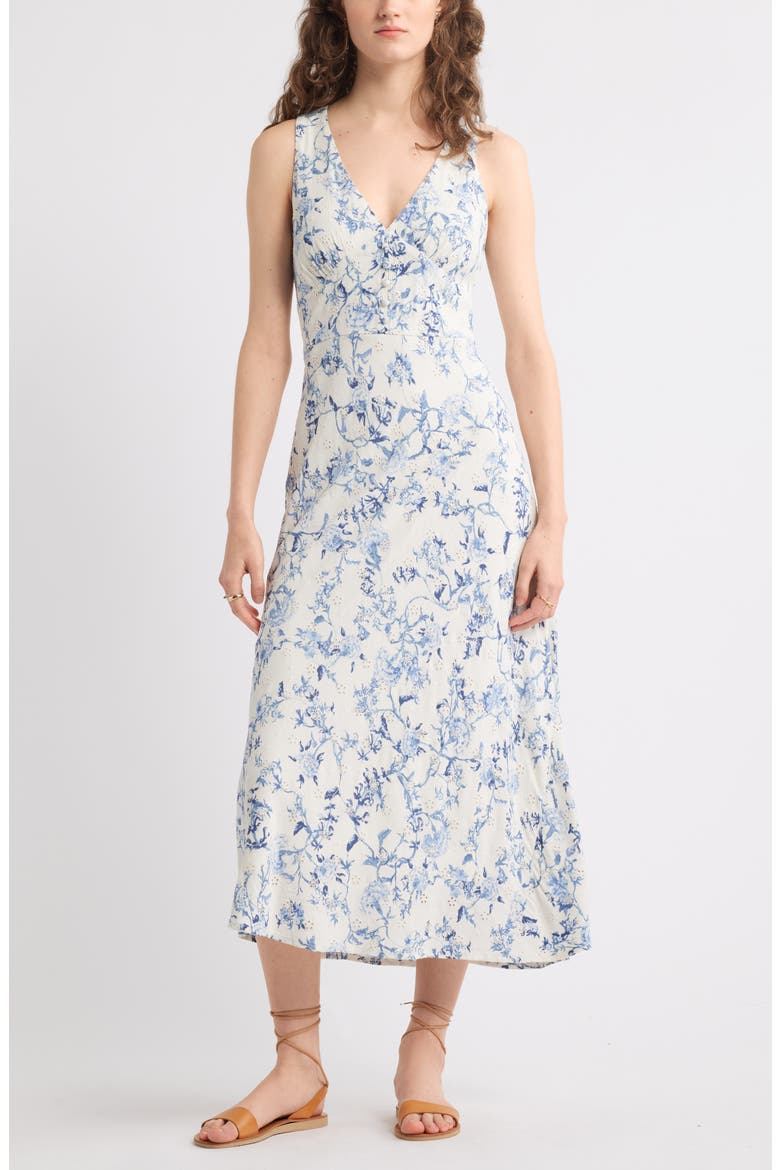 Embroidered Bias Cut Midi Dress, Main, color, IVORY- BLUE TRAIL BLOOM