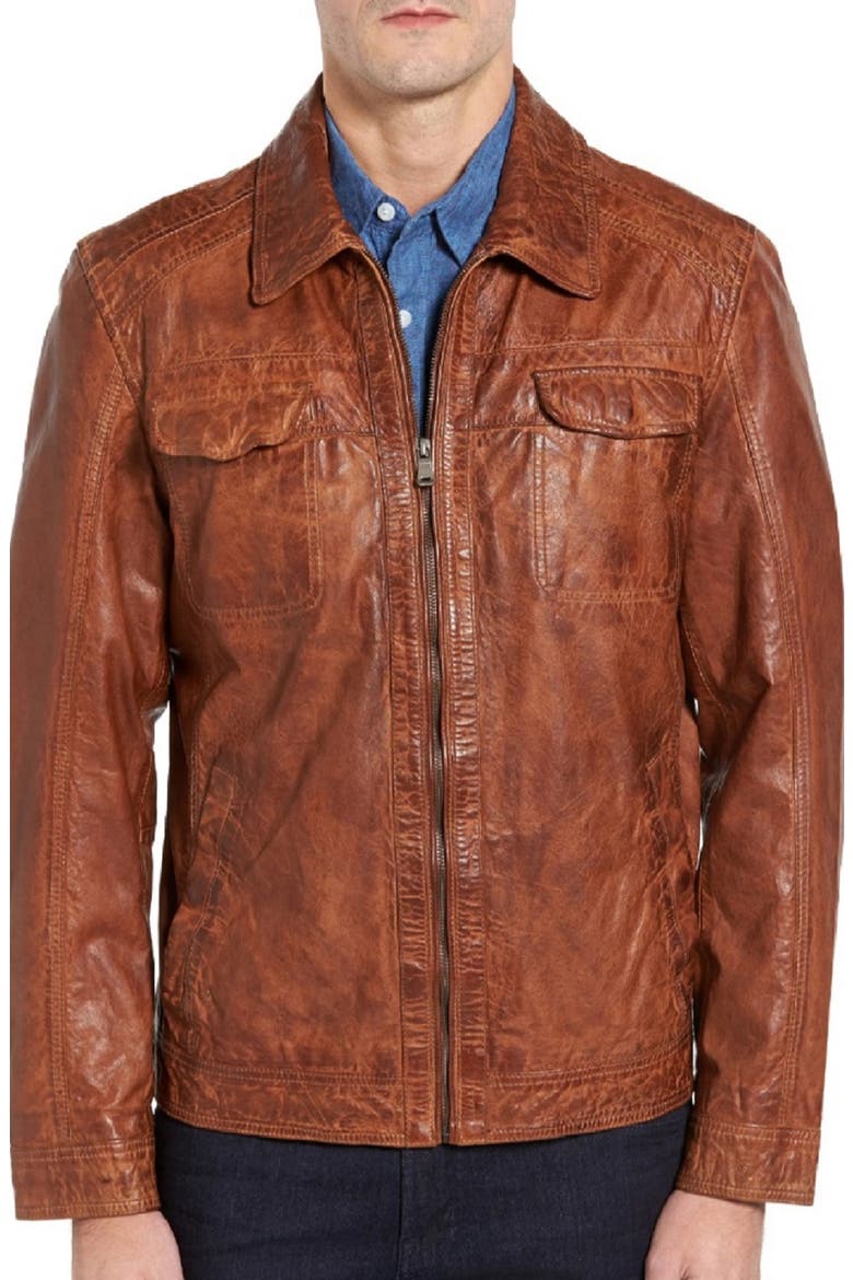Rugged Washed Patina Leather Jacket, Main, color, COGNAC