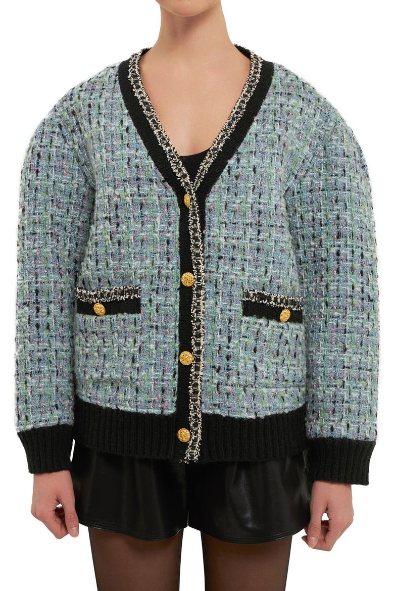 Premium Bouclé Wool Blend Cardigan, Main, color, BLUE